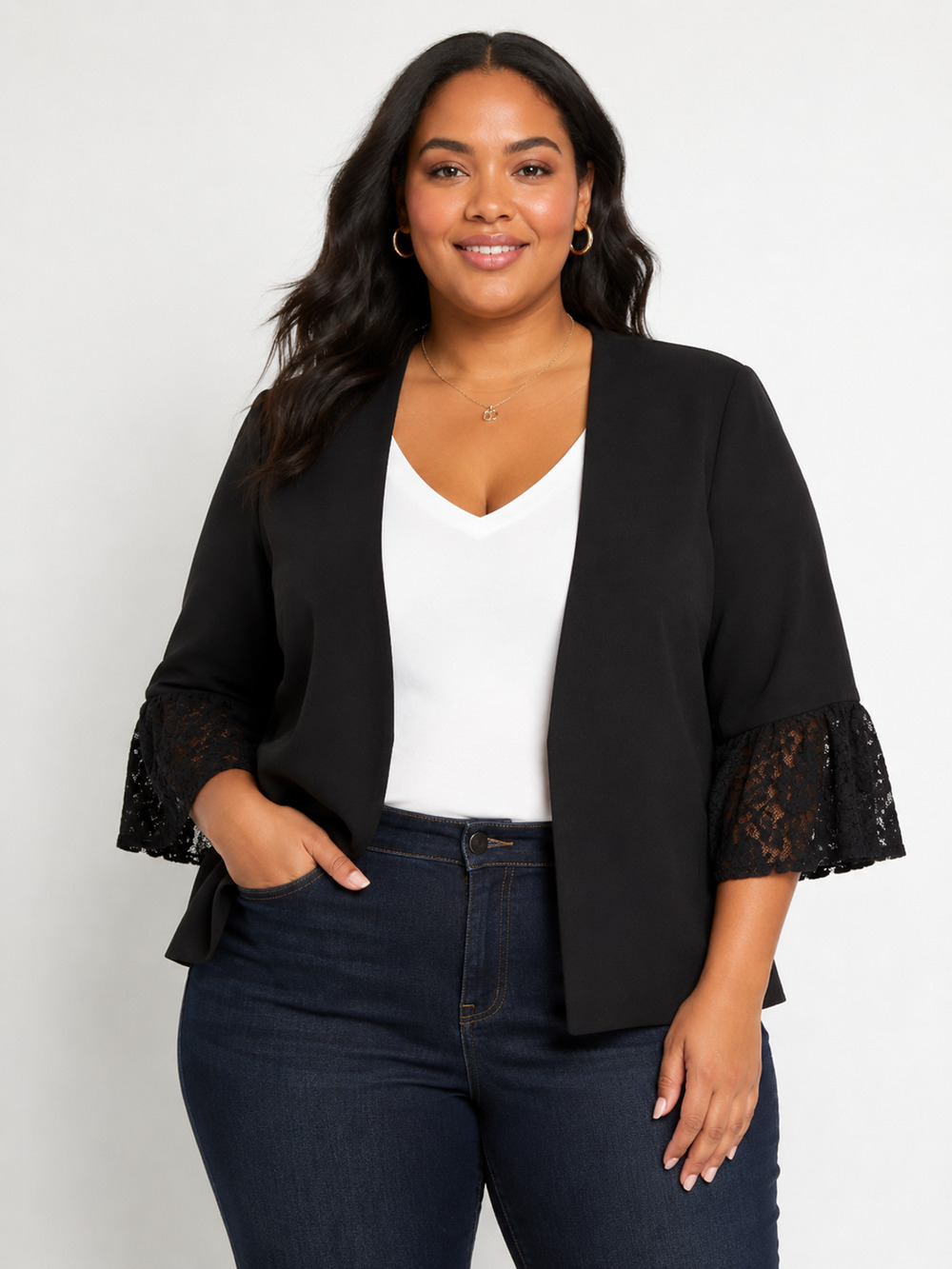 Black Label by Evan Picone Womens Black Open Front Crop Blazer Size 18 Jacket